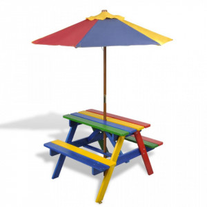 Masă de picnic pentru copii cu bănci & umbrelă, lemn multicolor