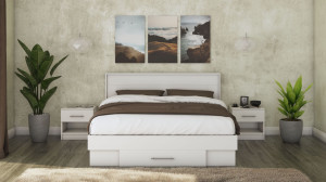 Pat Beta cu Saltea si Noptiere, Alb, 160x200 cm, suport saltea inclus