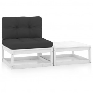 Set mobilier de grădină cu perne, 2 piese, alb, lemn masiv pin