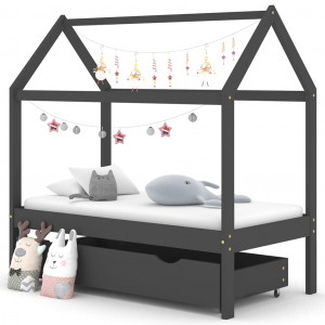 Cadru pat copii cu sertar gri închis 70x140 cm lemn masiv pin