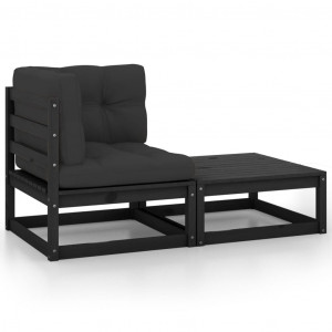 Set mobilier grădină cu perne, 2 piese, negru, lemn masiv pin