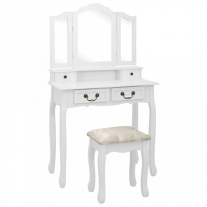 Set masă de toaletă cu taburet alb 80x69x141 cm lemn paulownia