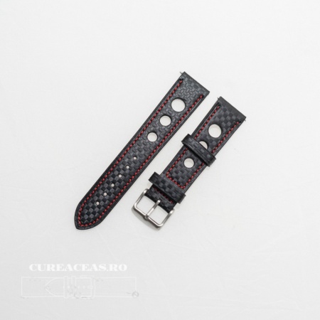 Curea piele GRAND PRIX fibra carbon neagra, cusături roșii 18mm - 38215