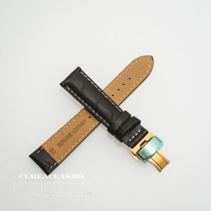 Curea piele vitel captusita negră cu cusătură albă și deployant auriu 22 mm