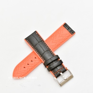 Curea hibrid silicon si piele model crocodil neagra cu portocaliu 22mm - 4205622