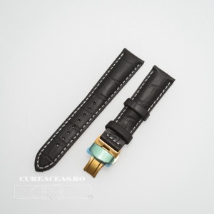 Curea piele vitel captusita negră cu cusătură albă și deployant auriu 20 mm