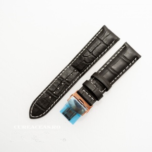 Curea piele vitel captusita negră cu cusătură albă și deployant rose gold 18 mm
