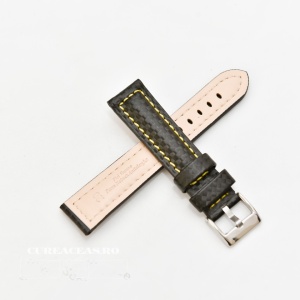 Curea piele tip fibra carbon neagră, cusătură galbenă, căptușită 18mm - 37418110
