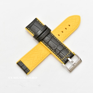 Curea hibrid silicon si piele model crocodil neagra cu galben 24mm - 4201024