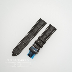 Curea piele vitel captusita negră cu cusătură albă și deployant negru 18 mm