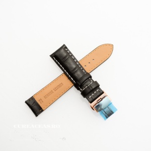 Curea piele vitel captusita negră cu cusătură albă și deployant rose gold 22 mm