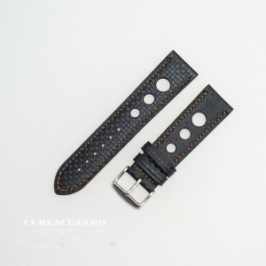 Curea piele GRAND PRIX fibra carbon neagra, cusături portocalii 18mm - 38216