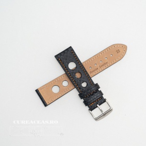 Curea piele GRAND PRIX fibra carbon neagra, cusături portocalii 24mm - 37857