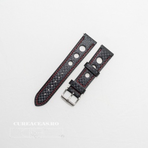 Curea piele GRAND PRIX fibra carbon neagra, cusături roșii 18mm - 38215