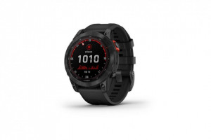 Ceas Garmin Fenix 7 Solar Rama Gri DLC Titanium si curea din Silicon Neagra