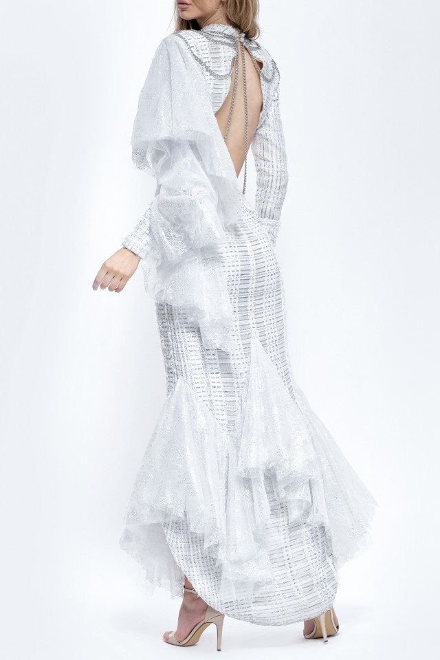 ROCHIE LUNGĂ DIN MIX TWEED ALB ȘI DANTELĂ