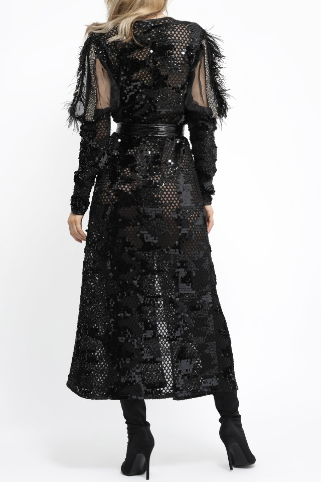 BLACK ROBE DRESS WITH EMBELLISHED ORGANZA PUFF SLEEVES