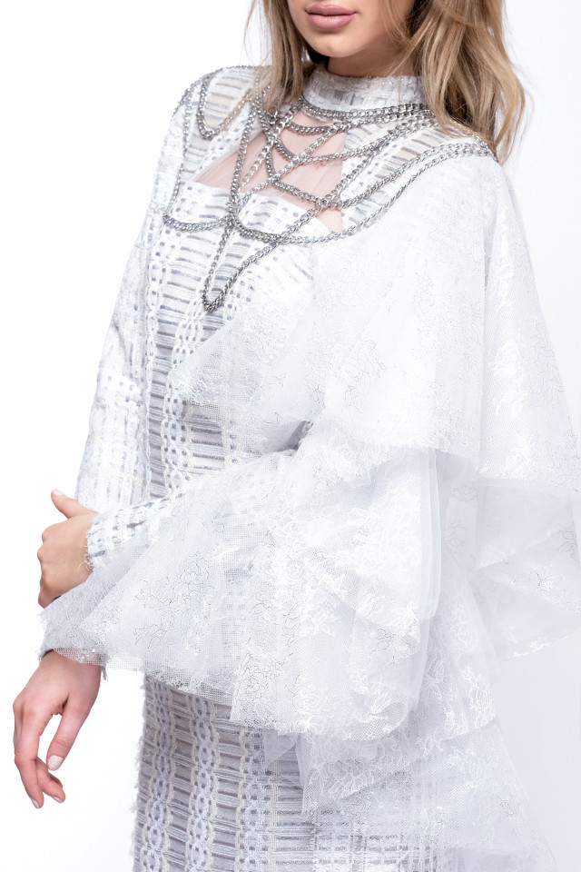 ROCHIE LUNGĂ DIN MIX TWEED ALB ȘI DANTELĂ