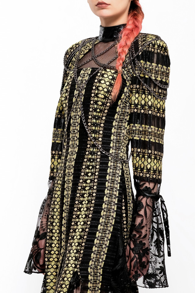 ROCHIE MIDI DIN MIX TWEED NEGRU CU GALBEN CU INSERȚII DIN DANTELĂ