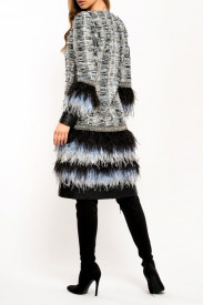 PALTON DIN TWEED BLEU ȘI PIELE CU APLICAȚII ȘI PENE
