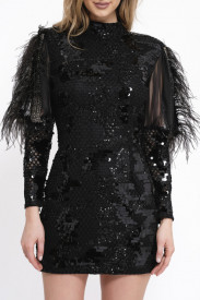 ROCHIE MINI NEAGRĂ CU MÂNECI DIN ORGANZA CU PENE ȘI APLICAȚII