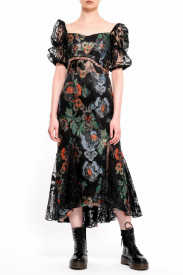 BROCARD MIDI DRESS WITH BLACK LACE INSERTS
