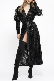 BLACK ROBE DRESS WITH EMBELLISHED ORGANZA PUFF SLEEVES