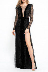 BLACK LACE, EMBELLISHED TULLE AND VELVET GOWN