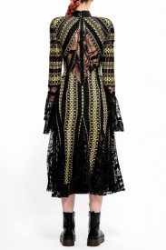 ROCHIE MIDI DIN MIX TWEED NEGRU CU GALBEN CU INSERȚII DIN DANTELĂ