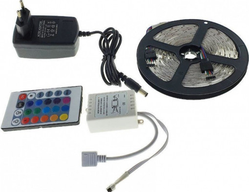 Kit banda led RGB FOXMAG24® interior-exterior 5050 cu alimentator,adaptor si telecomanda ir 24 taste PORKY + magnet inscriptionat GrigProject