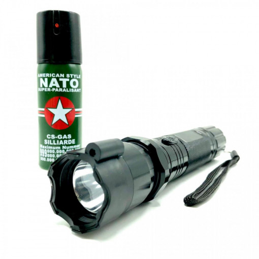 Set Electrosoc cu lanterna si laser pentru autoaparare FOXMAG24® + Spray paralizant NATO 60ml