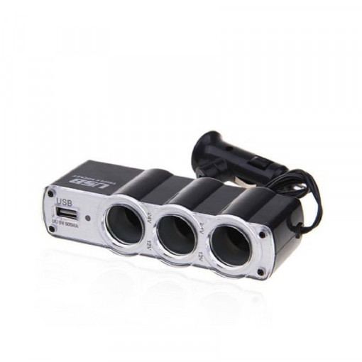 Splitter priza auto cu cablu FOXMAG24®, 3 x soclu bricheta si 1 USB, negru