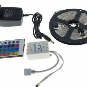 Kit banda led RGB FOXMAG24® interior-exterior 5050 cu alimentator,adaptor si telecomanda ir 24 taste PORKY + magnet inscriptionat GrigProject