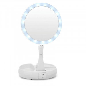Oglinda comsetica rotunda FOXMAG24®, cu iluminare LED pe margine si factor de marire, picior cu compartimente, culoare alb