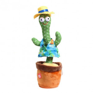 Jucarie interactiva FOXMAG24, Cactus Vorbitor, Danseaza, Imita, Canta, Educativ, 32 cm, cu USB, palarie galbena, verde