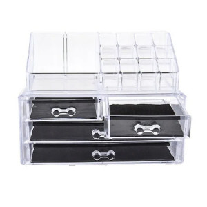 Suport Organizator Transparent FOXMAG24 pentru Cosmetice si Bijuterii, 16 Compartimente, 4 Sertare, Alb