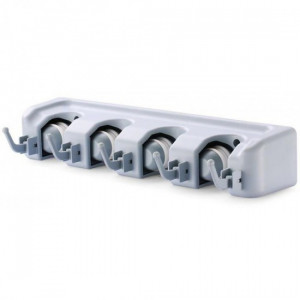 Suport universal multifunctional FOXMAG24® de perete pentru maturi si mopuri Broom Holder, 4 spatii si 5 carlige