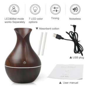 Umidificator aromaterapie cu USB FOXMAG24, 7 culori, ultrasonic, 130ml, stejar brun
