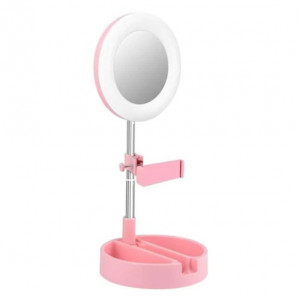 Oglinda rotunda FOXMAG24 pentru machiaj, cu suport pentru telefon si accesorii, inaltime 28 cm, roz
