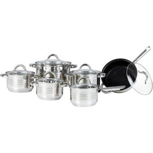 Set de 12 Oale inox FOXMAG24 cu Capace din Sticla Termorezistenta, Fund cu 9 straturi si Tigaie Granit, Interior gradat, Eliberare Abur, Argintiu
