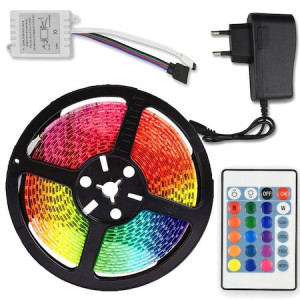 Kit Banda Led FOXMAG24® Multicolora RGB , Telecomanda 24 taste cu IR , Transformator 2A , 300 LED-uri , Lungime 5m