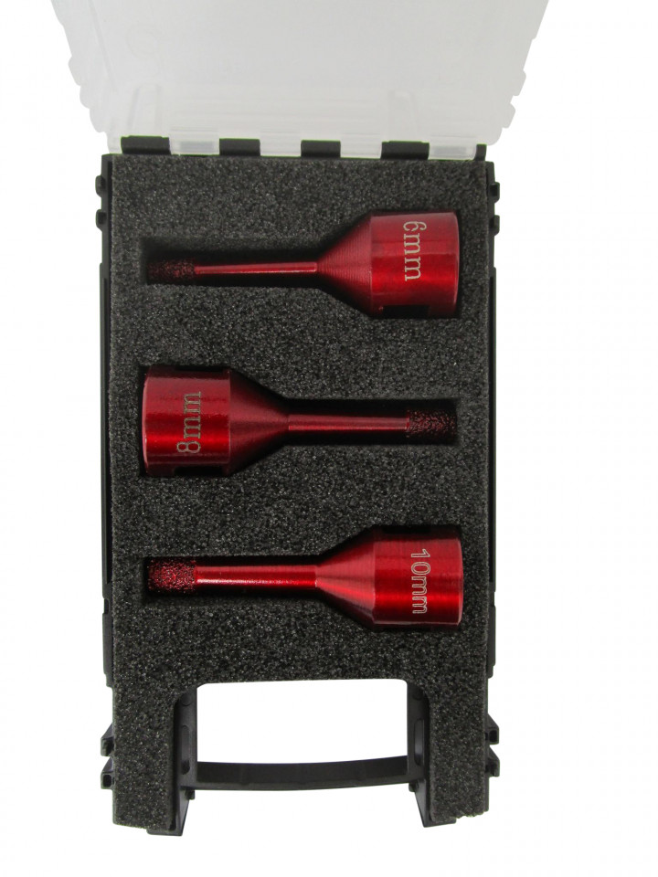Set carote diamantata pt. gresie portelanata & piatra - diam. 6, 8, 10mm - cu ceara- premium - dxdh.80408.satz6-10w