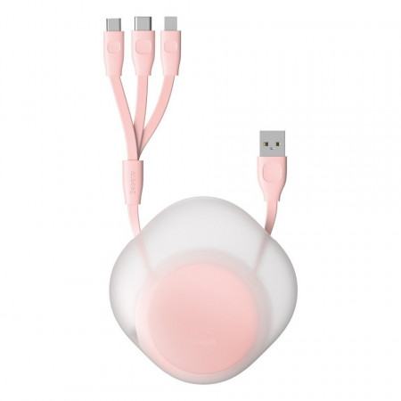 Cablu retractabil USB 3in1 Baseus Let's go Little Reunion, Lightning / USB-C / micro USB, 3A, 0,85m (alb-roz)