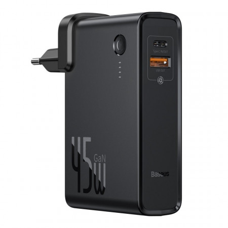 Incarcator GaN + powerbank 10000mAh 2in1 Baseus Power Station, USB + USB-C, QC 3.0, PPS, PD 3.0, 5A, 45W (negru)