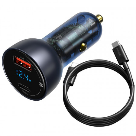 Incarcator auto Baseus Particular Digital Display, USB + USB-C, QC3.0+PD, 5A, 65W (gri) + Cablu USB-C 1m 100W (negru)
