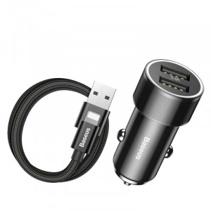 Incarcator auto + cablu Lightning Baseus Small Screw 2xUSB 3.4A (negru)