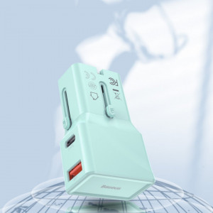 Incarcator universal de retea Baseus, QC 3.0, PD, USB + USB-C, 100-240V, 18W, EU/US/UK/AU (albastru)