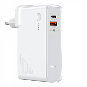 Incarcator GaN + powerbank 10000mAh 2in1 Baseus Power Station, USB + USB-C, QC 3.0, PPS, PD 3.0, 5A, 45W (alb)