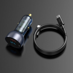 Incarcator auto Baseus Particular Digital Display, USB + USB-C, QC3.0+PD, 5A, 65W (gri) + Cablu USB-C 1m 100W (negru)