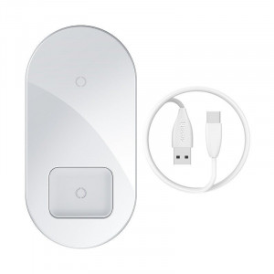 Incarcator wireless Qi 2in1 Baseus Simple 15W pt telefon si Apple Airpods (alb)
